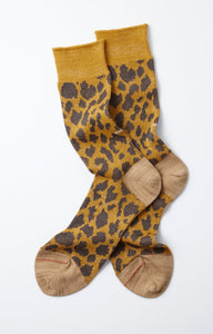 Rototo - Organic Cotton & Recycled Polyester Leopard Crew Socks  - Yellow/Beige