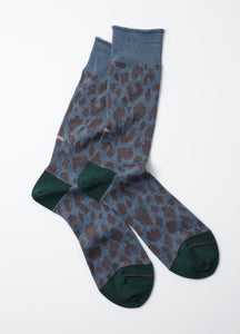 Rototo - Organic Cotton & Recycled Polyester Leopard Crew Socks  - L. Blue/Green