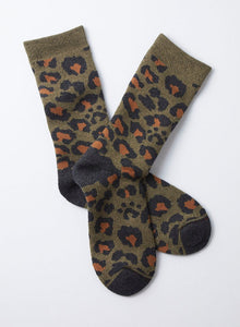 Rototo - Pile Leopard Crew Socks - Dark Olive